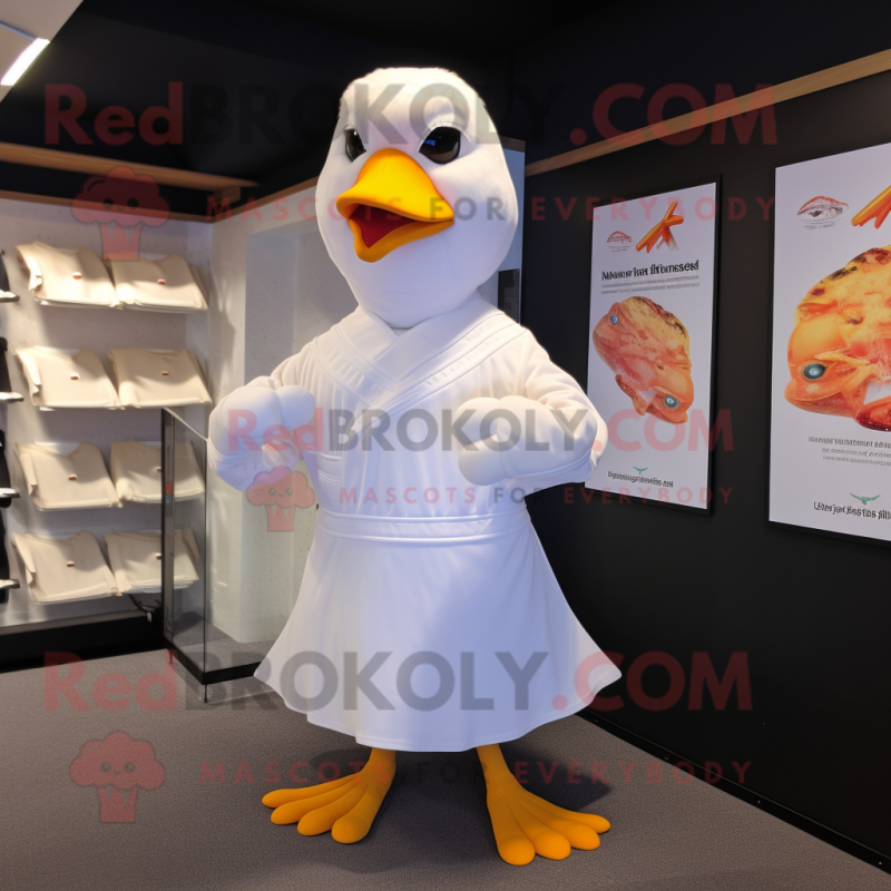 Cream Seagull mascot costume character dressed with a V-Neck Tee and Cummerbunds Cream Seagull mascot costume character dressed with a V-Neck Tee and Cummerbunds