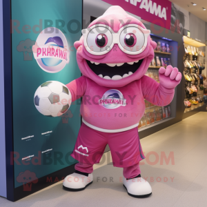 Pink Piranha mascot costume character dressed with a Rugby Shirt and Sunglasses