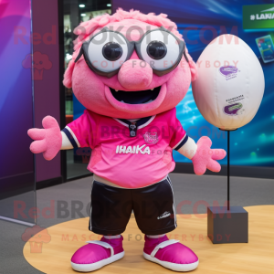 Pink Piranha mascot costume character dressed with a Rugby Shirt and Sunglasses