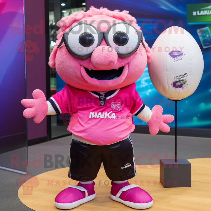 Pink Piranha mascot costume character dressed with a Rugby Shirt and Sunglasses Pink Piranha mascot costume character dressed with a Rugby Shirt and Sunglasses