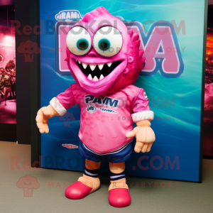 Pink Piranha mascot costume character dressed with a Rugby Shirt and Sunglasses