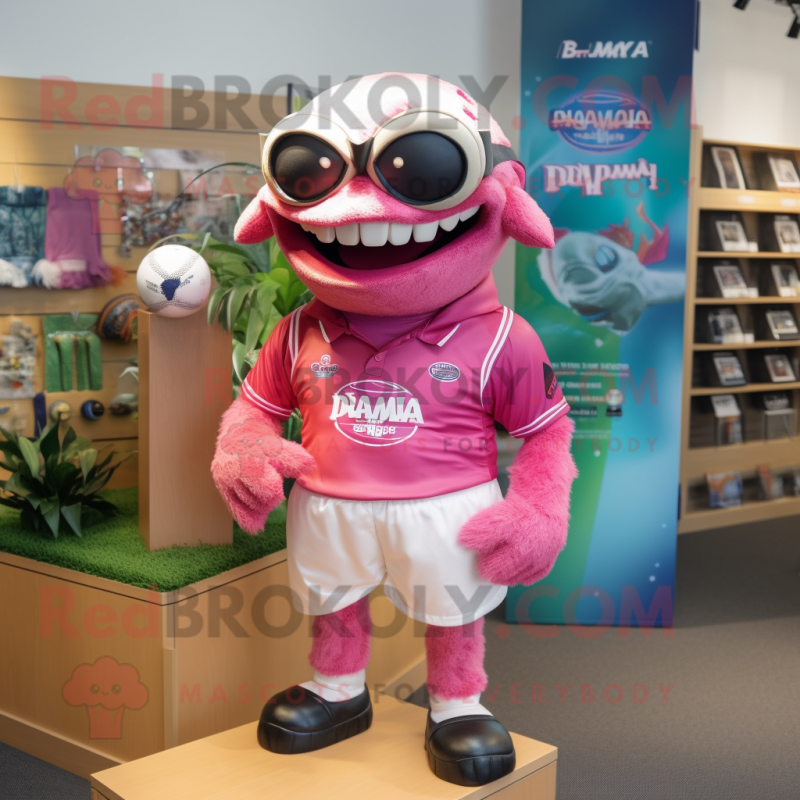 Pink Piranha mascot costume character dressed with a Rugby Shirt and Sunglasses