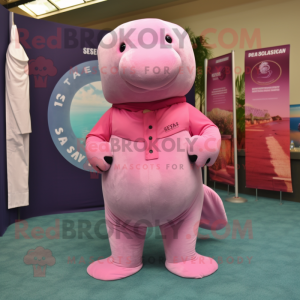 Pink Stellar'S Sea Cow mascot costume character dressed with a Henley Tee and Suspenders