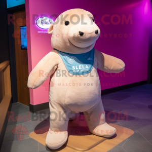 Pink Stellar'S Sea Cow mascot costume character dressed with a Henley Tee and Suspenders