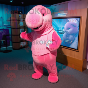 Pink Stellar'S Sea Cow mascot costume character dressed with a Henley Tee and Suspenders