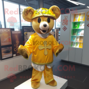 Gold Celtic Cross mascot costume character dressed with a Windbreaker and Headbands