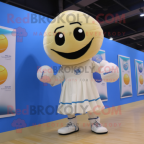 Cream Volleyball Ball mascot costume character dressed with a Capri Pants and Mittens