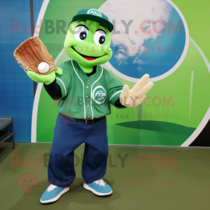 Green Baseball Glove mascot costume character dressed with a Mom Jeans and Coin purses