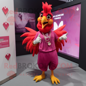 Magenta Rooster mascot costume character dressed with a V-Neck Tee and Brooches