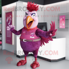 Magenta Rooster mascot costume character dressed with a V-Neck Tee and Brooches