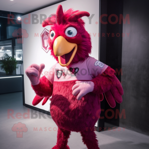 Magenta Rooster mascot costume character dressed with a V-Neck Tee and Brooches