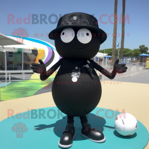 Black Petanque Ball mascot costume character dressed with a Swimwear and Hat pins