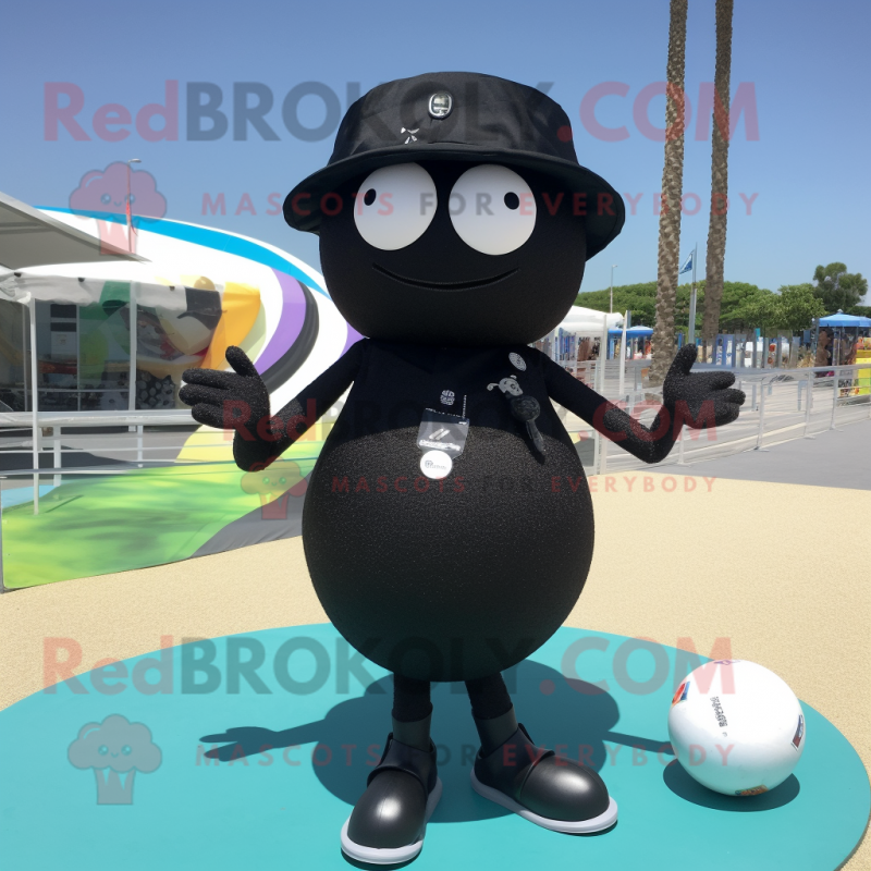 Black Petanque Ball mascot costume character dressed with a Swimwear and Hat pins