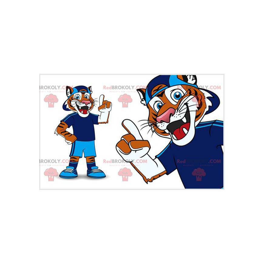 Orange and white tiger mascot in blue sportswear -
