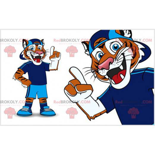 Mascotte de tigre orange et blanc en tenue de sport bleue -