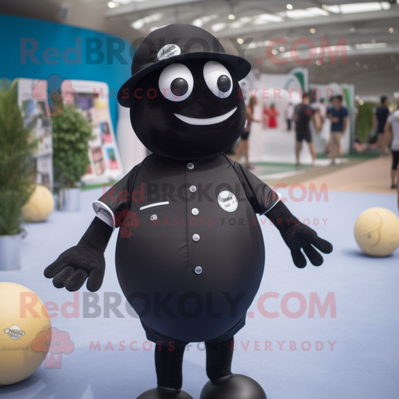 Black Petanque Ball mascot costume character dressed with a Swimwear and Hat pins Black Petanque Ball mascot costume character dressed with a Swimwear and Hat pins