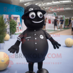 Black Petanque Ball mascot costume character dressed with a Swimwear and Hat pins