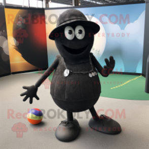 Black Petanque Ball mascot costume character dressed with a Swimwear and Hat pins