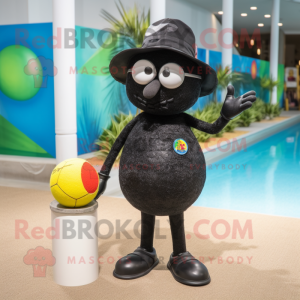 Black Petanque Ball mascot costume character dressed with a Swimwear and Hat pins