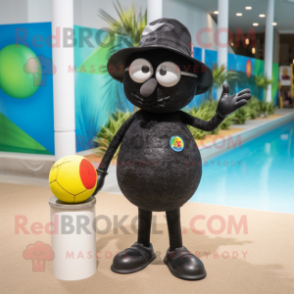 Black Petanque Ball mascot costume character dressed with a Swimwear and Hat pins