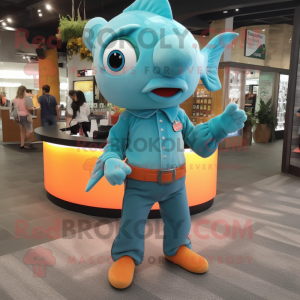 Turquoise Goldfish mascot costume character dressed with a Jeans and Cufflinks