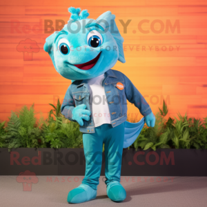 Turquoise Goldfish mascot costume character dressed with a Jeans and Cufflinks