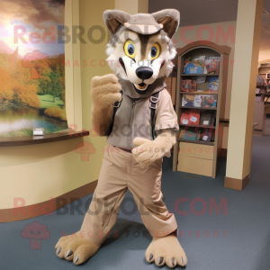 Tan Say Wolf mascot costume character dressed with a Jeggings and Shoe clips