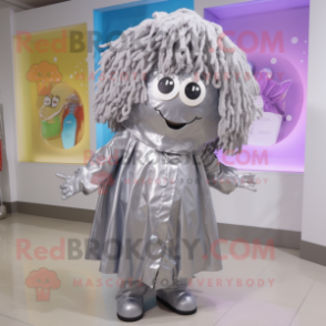 Silver Pho mascot costume character dressed with a Raincoat and Hair clips