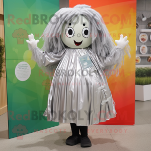 Silver Pho mascot costume character dressed with a Raincoat and Hair clips