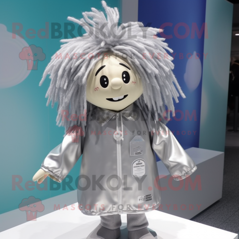 Silver Pho mascot costume character dressed with a Raincoat and Hair clips