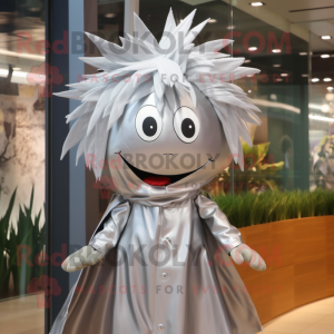 Silver Pho mascot costume character dressed with a Raincoat and Hair clips