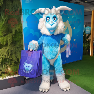 Blue Angora Goat mascot costume character dressed with a Bikini and Tote bags