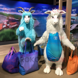 Blue Angora Goat mascot costume character dressed with a Bikini and Tote bags
