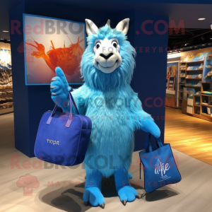 Blue Angora Goat mascot costume character dressed with a Bikini and Tote bags