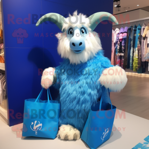 Blue Angora Goat mascot costume character dressed with a Bikini and Tote bags