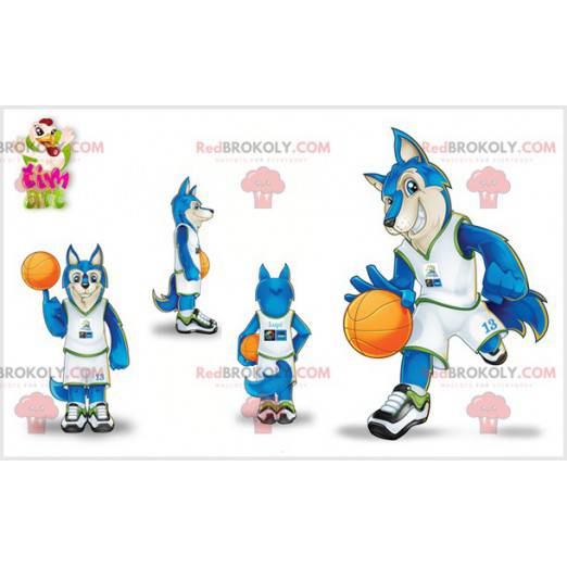 Mascote do lobo vestido de jogador de basquete. Lobo azul -