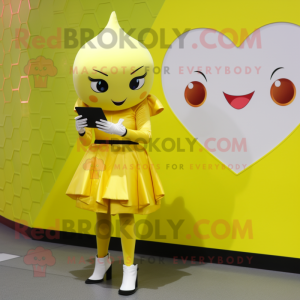 Lemon Yellow Love Letter mascot costume character dressed with a Culottes and Smartwatches