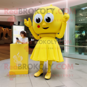 Lemon Yellow Love Letter mascot costume character dressed with a Culottes and Smartwatches