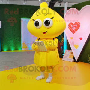 Lemon Yellow Love Letter mascot costume character dressed with a Culottes and Smartwatches