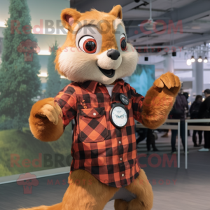 Rust Flying Squirrel mascot costume character dressed with a Flannel Shirt and Smartwatches