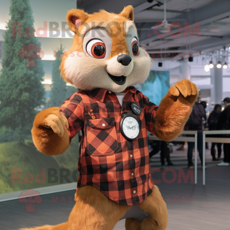 Rust Flying Squirrel mascot costume character dressed with a Flannel Shirt and Smartwatches Rust Flying Squirrel mascot costume character dressed with a Flannel Shirt and Smartwatches