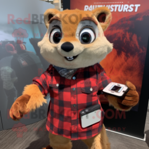 Rust Flying Squirrel mascot costume character dressed with a Flannel Shirt and Smartwatches