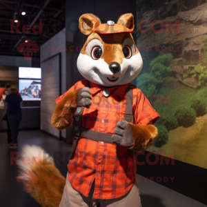 Rust Flying Squirrel mascot costume character dressed with a Flannel Shirt and Smartwatches