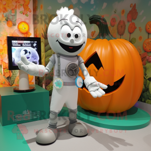 Silver Pumpkin mascot costume character dressed with a Henley Tee and Digital watches