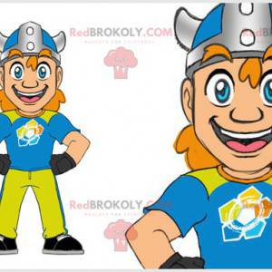 Roodharige Viking-mascotte met een helm. Viking kostuum -
