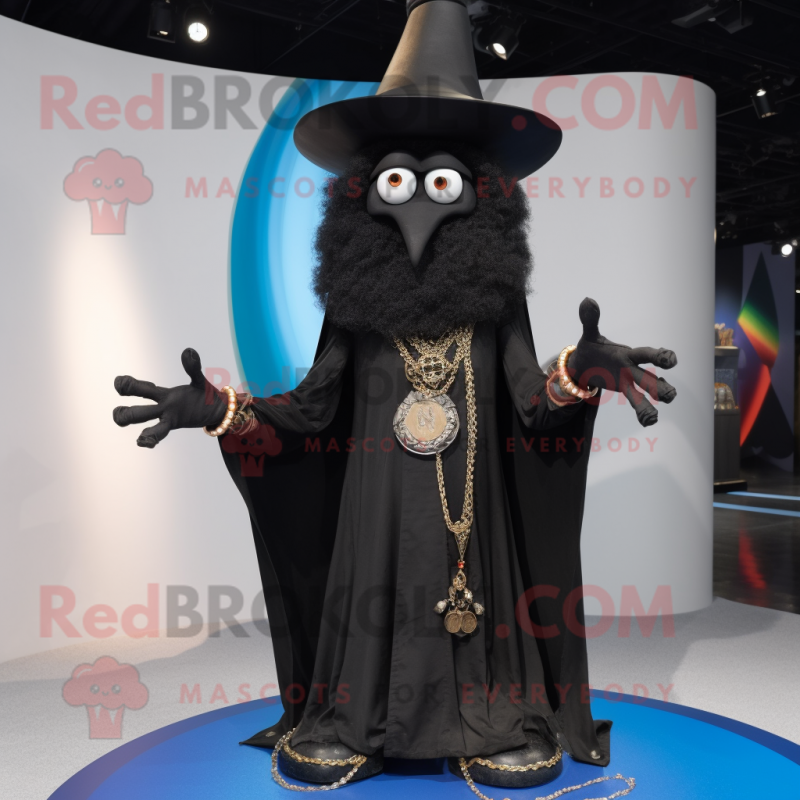 Black Magician mascot costume character dressed with a Bootcut Jeans and Necklaces Black Magician mascot costume character dressed with a Bootcut Jeans and Necklaces