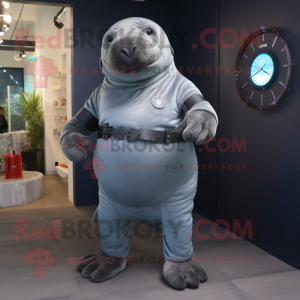 Gray Stellar'S Sea Cow mascot costume character dressed with a Bodysuit and Bracelet watches