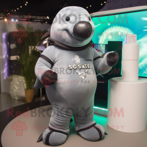 Gray Stellar'S Sea Cow mascot costume character dressed with a Bodysuit and Bracelet watches