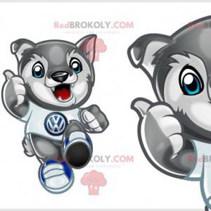 Mascot small gray and white wolf with blue eyes. Cub -