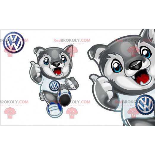 Mascot small gray and white wolf with blue eyes. Cub -
